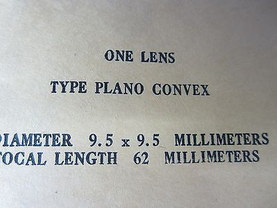 OPTICAL PLANO CONVEX LENS 9.5x9.5 mm DIAMETER FL 62 mm LASER OPTICS BIN#34