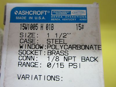 MANOMETER PRESSURE GAUGE ASHCROFT 15 PSI BIN#D9