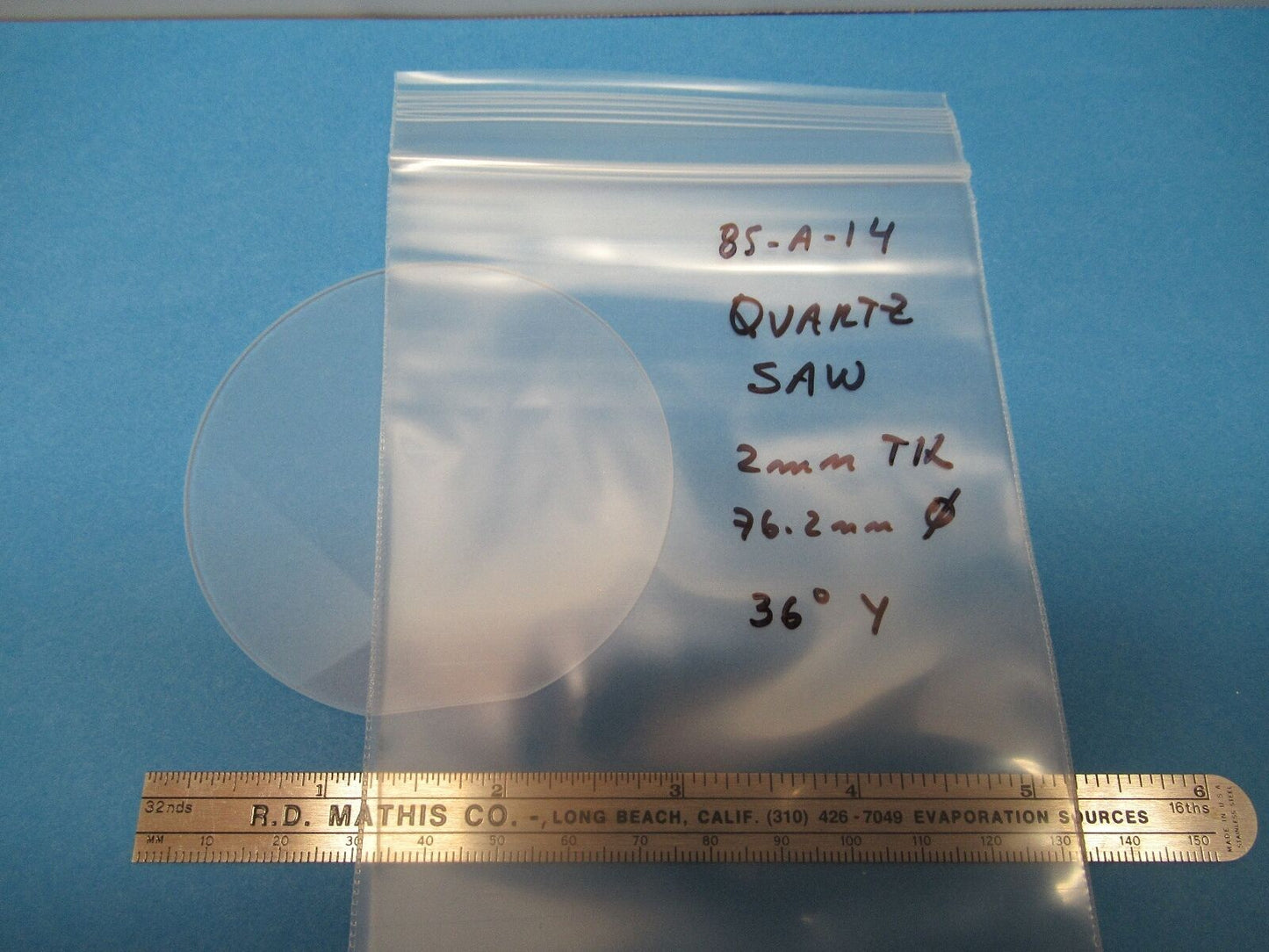 ONE WAFER QUARTZ CRYSTAL HOFFMAN SAW SURFACE ACOUSTIC WAVE Y 36DEG 2mm #85-A-14