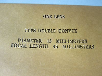 OPTICAL DOUBLE CONVEX LENS 15 mm DIAMETER FL 45 mm LASER OPTICS BIN#34