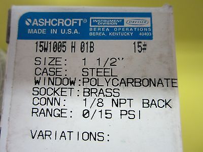 MANOMETER PRESSURE GAUGE ASHCROFT 15 PSI BIN#D9