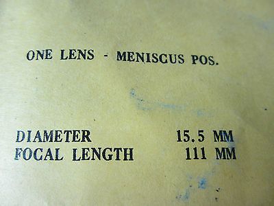 OPTICAL LENS 15.5 mm DIAMETER FL 111 mm LASER OPTICS BIN#D1