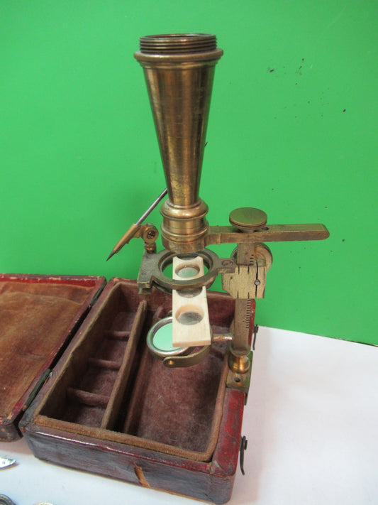 ANTIQUE BRASS RARE TYPE CARY GOULD MICROSCOPE with ACCESSORIES AS PIC T6-A-49