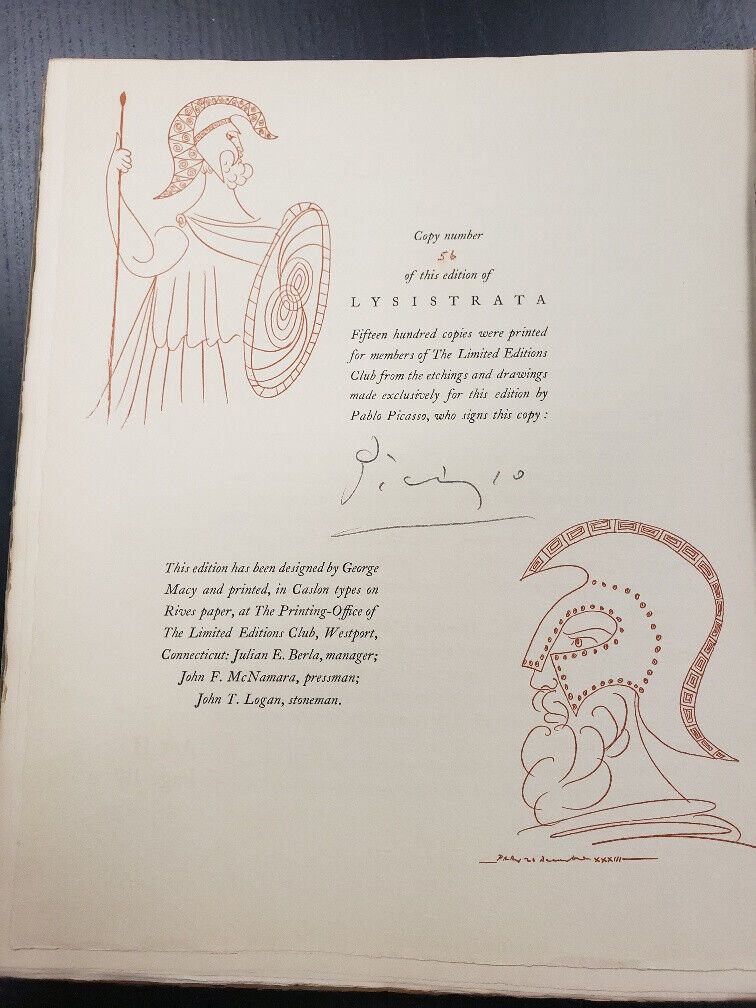 ORIGINAL BOOK PABLO PICASSO LYSISTRATA 1934 SIGNED WITHOUT ETCHINGS AS PICTURED