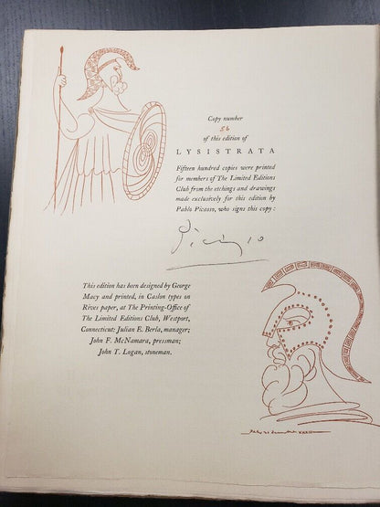 ORIGINAL BOOK PABLO PICASSO LYSISTRATA 1934 SIGNED WITHOUT ETCHINGS AS PICTURED