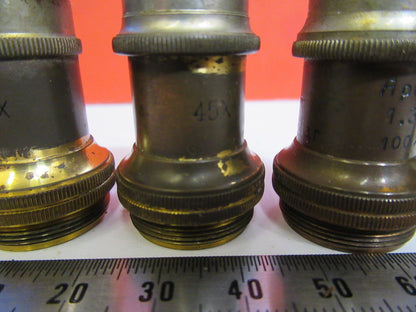 ANTIQUE BRASS LOT OBJECTIVES ERNST LEITZ GERMANY MICROSCOPE PART AS PIC V7-A-34