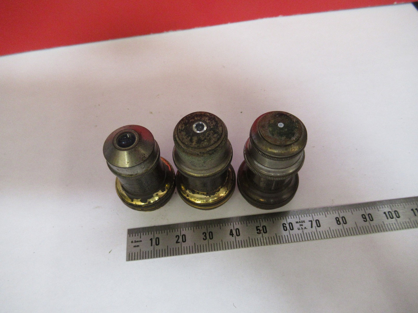 ANTIQUE BRASS LOT OBJECTIVES ERNST LEITZ GERMANY MICROSCOPE PART AS PIC V7-A-34