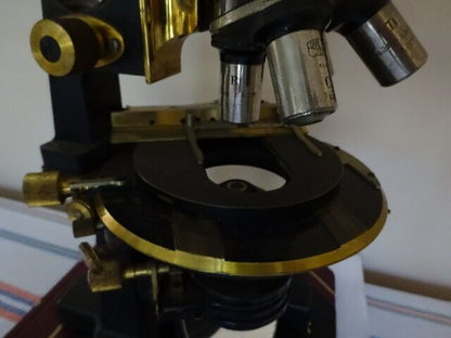 MICROSCOPE CARL ZEISS GERMANY ANTIQUE BRASS WITH 4 OBJECTIVES OPTICS AS IS #LOB