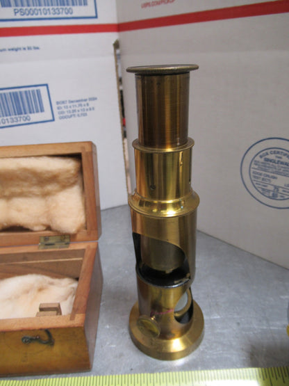 ANTIQUE FRENCH PORTABLE BRASS MICROSCOPE  WITH BOX circa 1870 T8-B-30