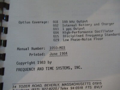 COLLECTABLE RARE FTS QUARTZ 1050A FREQUENCY STANDARD MANUAL 1984 ii &BIBLI