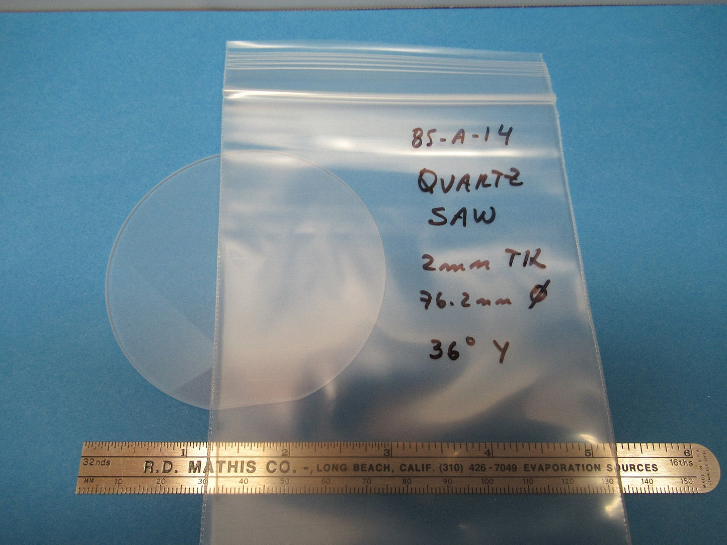EIN WAFER QUARZKRISTALL HOFFMAN SÄGE OBERFLÄCHE AKUSTISCHE WELLE Y 36 GRAD 2 mm #85-A-14