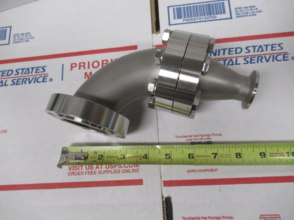MDC HIGH VACUUM LARGE CF ELBOW ADAPTER HEAVY STAINLESS STEEL AS PIC X6-FT-97