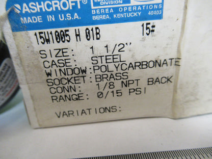 ASHCROFT 15 PSI MANOMETER PRESSURE DIAL GAUGE PNEUMATIC AIR AS PICTURED &Q4-A-15