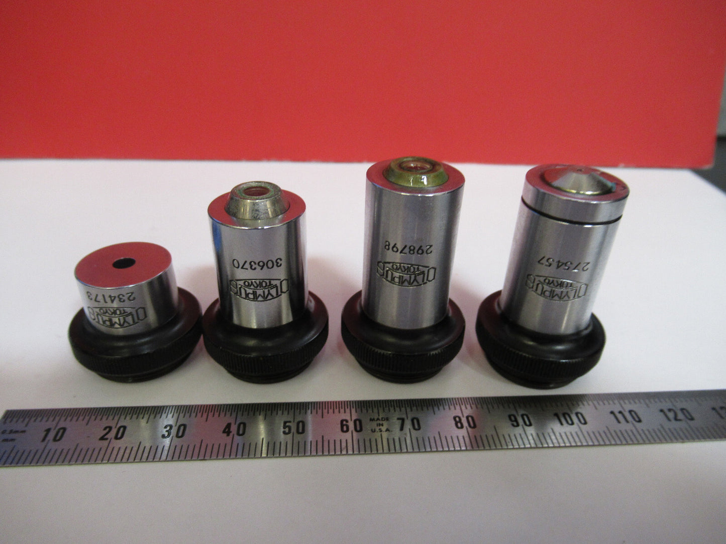 LOT 4ea OBJECTIVE OLYMPUS JAPAN OPTICS  MICROSCOPE PART AS PICTURED S3-B-51