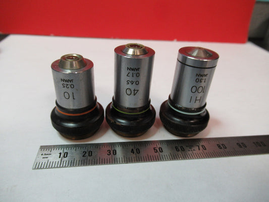 OLYMPUS OBJECTIVE JAPAN 40X 10X 100X  LOT 3 ea  OPTICS MICROSCOPE PART T9-A-37