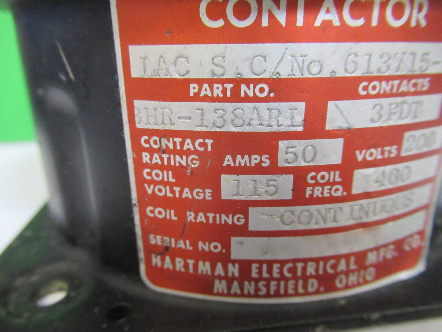 Hartman Electric Relay BHR138ARL Contactor Aircraft Part