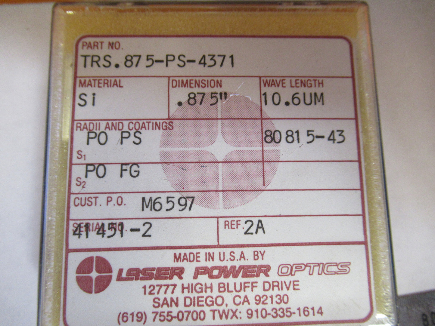 Optical ex-NASA Infrared Silicon Coated Lens Pro Laser Optics AS Picture