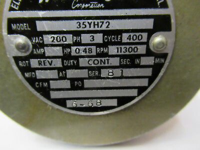 WESTERN GEAR MOTOR 35YH72 400Hz high rpm 11,000 AIRCRAFT AS PICTURED 1E-FT-A2