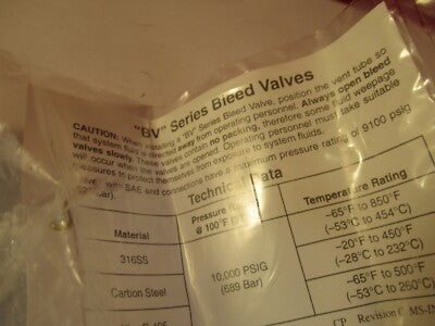 Swagelok Whitey SS318 Bleed Valve ??? Purge