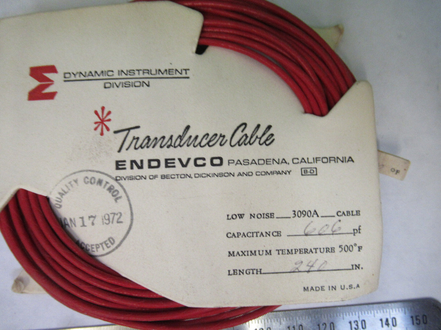 PCB ENDEVCO LOW NOISE CABLE 3090A -240 in for accelerometer  AS PICTURED S7-A-49