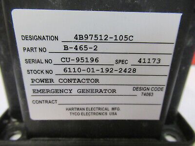 AIRCRAFT UH-60 ELECTRICAL POWER CONTACTOR HARTMAN B-465-2 NSN 6110-01-192-2428