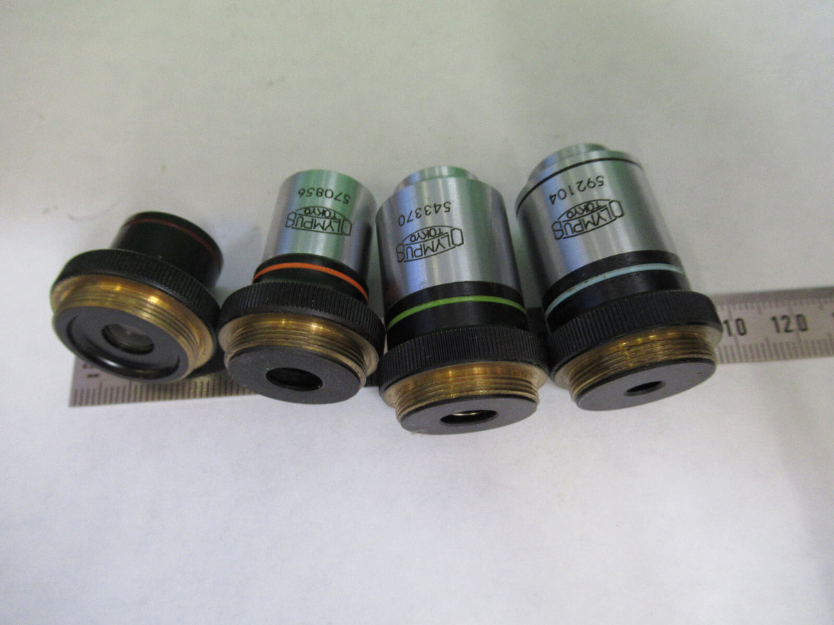 LOT OLYMPUS JAPAN OBJECTIVE 4X 10X 40X 100X MICROSCOPE PART AS PICTURED X4-A-29