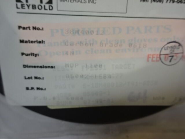 LEYBOLD VACUUM EVAPORATION TARGET 38M40012 CARBON GRADE 0618 MDP1100 AS IS #82