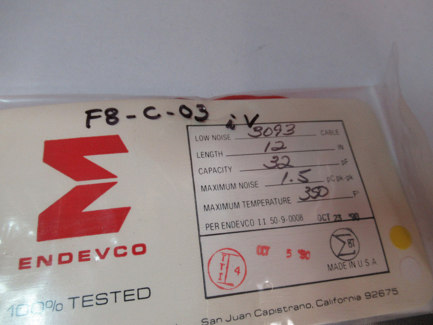 MEGGITT ENDEVCO 3093 LOW NOISE CABLE for ACCELEROMETER VIBRATION TEST F8-C-03