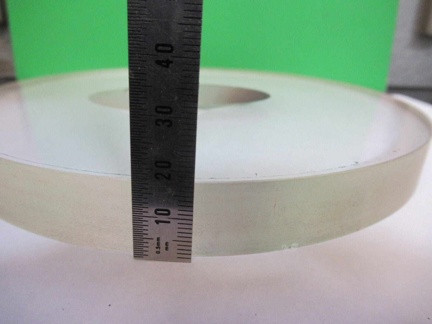 HUGE GLASS FLAT WINDOW THICK WITH HOLE FOR LASER OPTICS AS PICTURED 18-FT-05