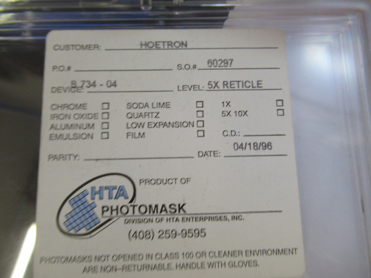 HOETRON MASK PHOTOLITHOGRAPHY VINTAGE COMPONENTS AS PICTURED T1-A-08
