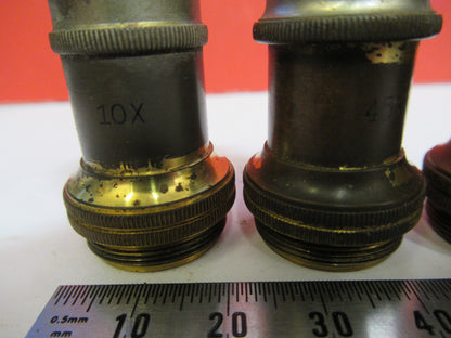 ANTIQUE BRASS LOT OBJECTIVES ERNST LEITZ GERMANY MICROSCOPE PART AS PIC V7-A-34