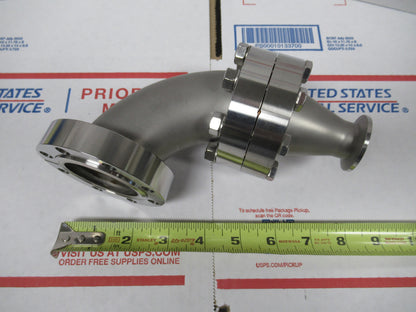 MDC HIGH VACUUM LARGE CF ELBOW ADAPTER HEAVY STAINLESS STEEL AS PIC X6-FT-97