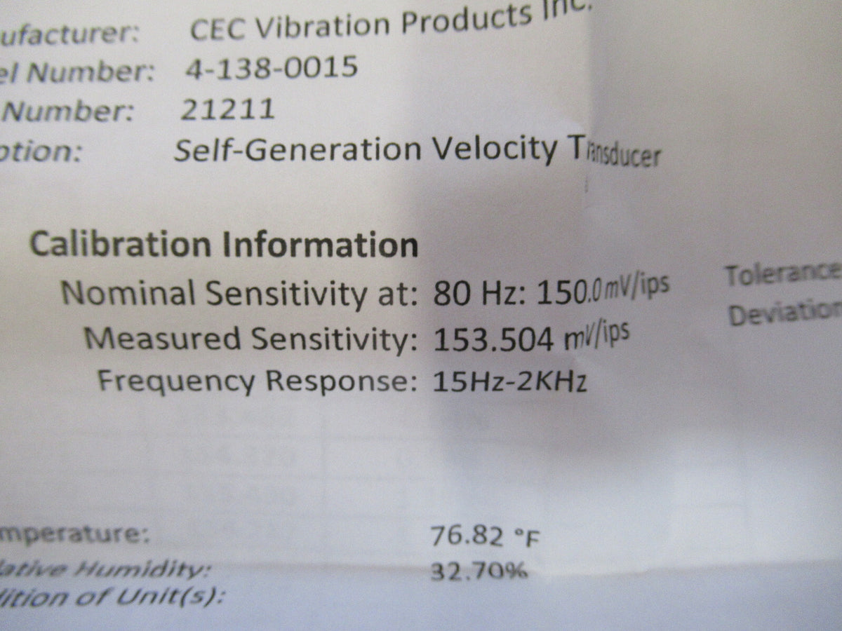 AIRCRAFT TURBINE VELOCITY SENSOR CEC 4-138-0015 150 mV/ips AS PICTURED &87-FT-00