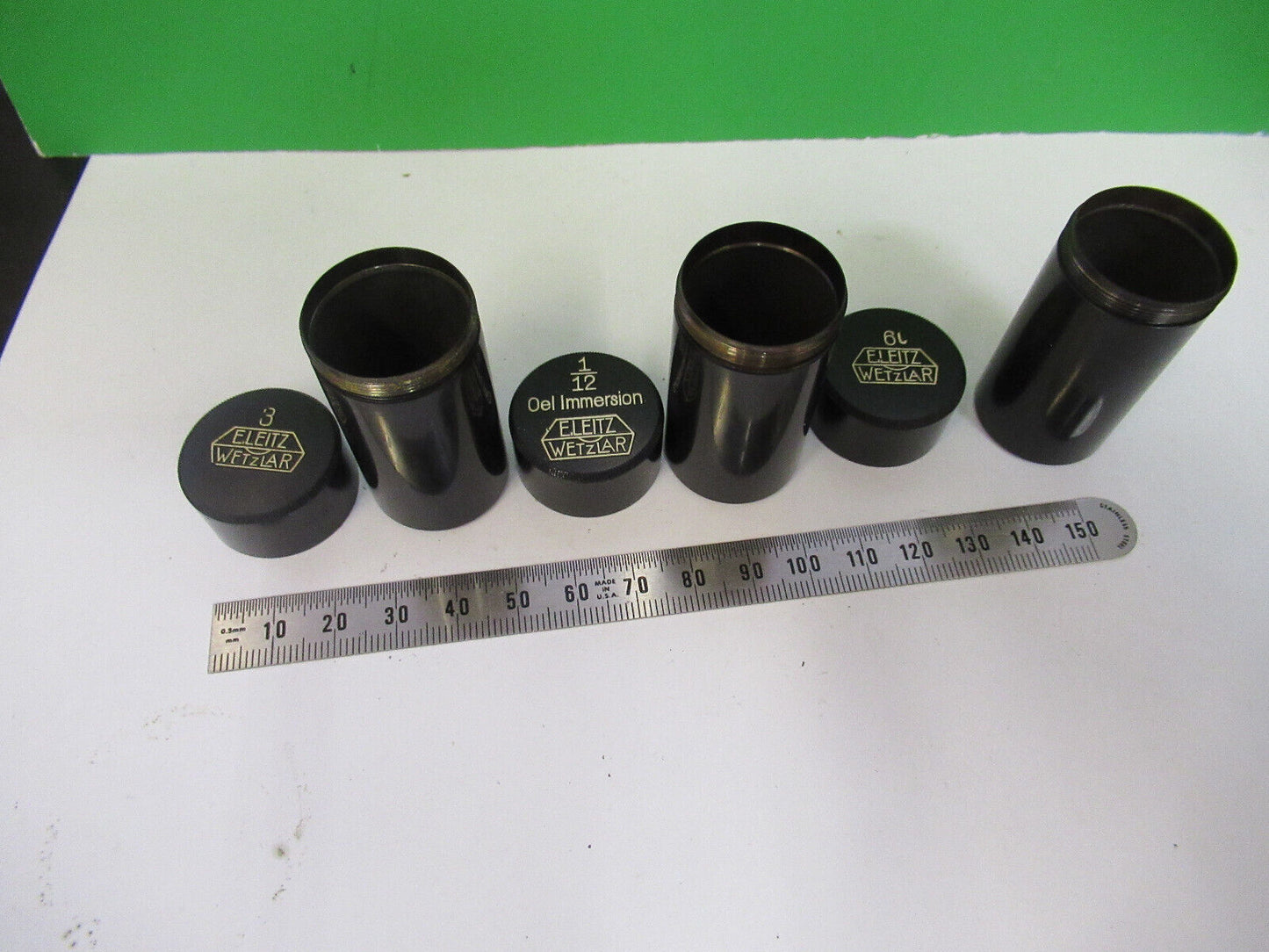 ANTIQUE LOT 3EA OBJECTIVE CANS LEITZ GERMANY MICROSCOPE PART AS PICTURED X5-A-23