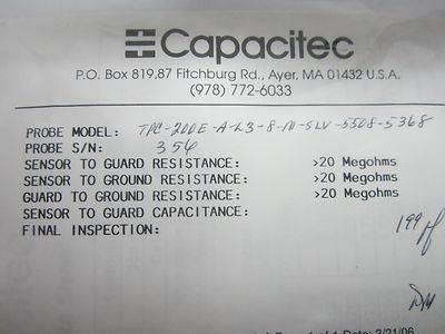 CAPACITEC PROBE DISPLACEMENT VIBRATION SENSOR VARIABLE CAPACITANCE BIN#Q4-02