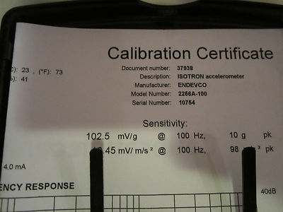 ENDEVCO 2256a-100 100 mV/g  PIEZOELECTRIC ACCELEROMETER CALIBRATION VIBRATION