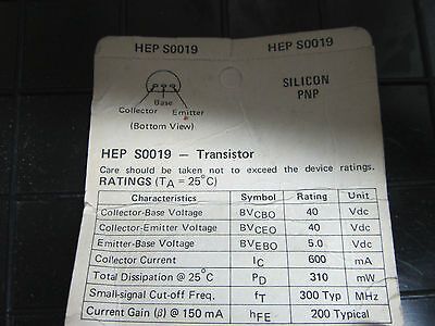 SILICON PNP TRANSISTOR HEP S0019 SEMICONDUCTOR AS IS BIN#11