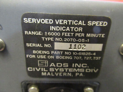 SMITHS SERVOED VERTICAL SPEED 2070-05-1 INDICATOR UNTESTED AS PICTURED &29-A-52