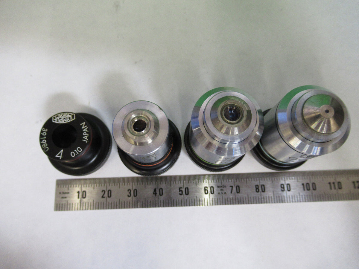 LOT OLYMPUS JAPAN OBJECTIVE 4X 10X 40X 100X MICROSCOPE PART AS PICTURED X4-A-29