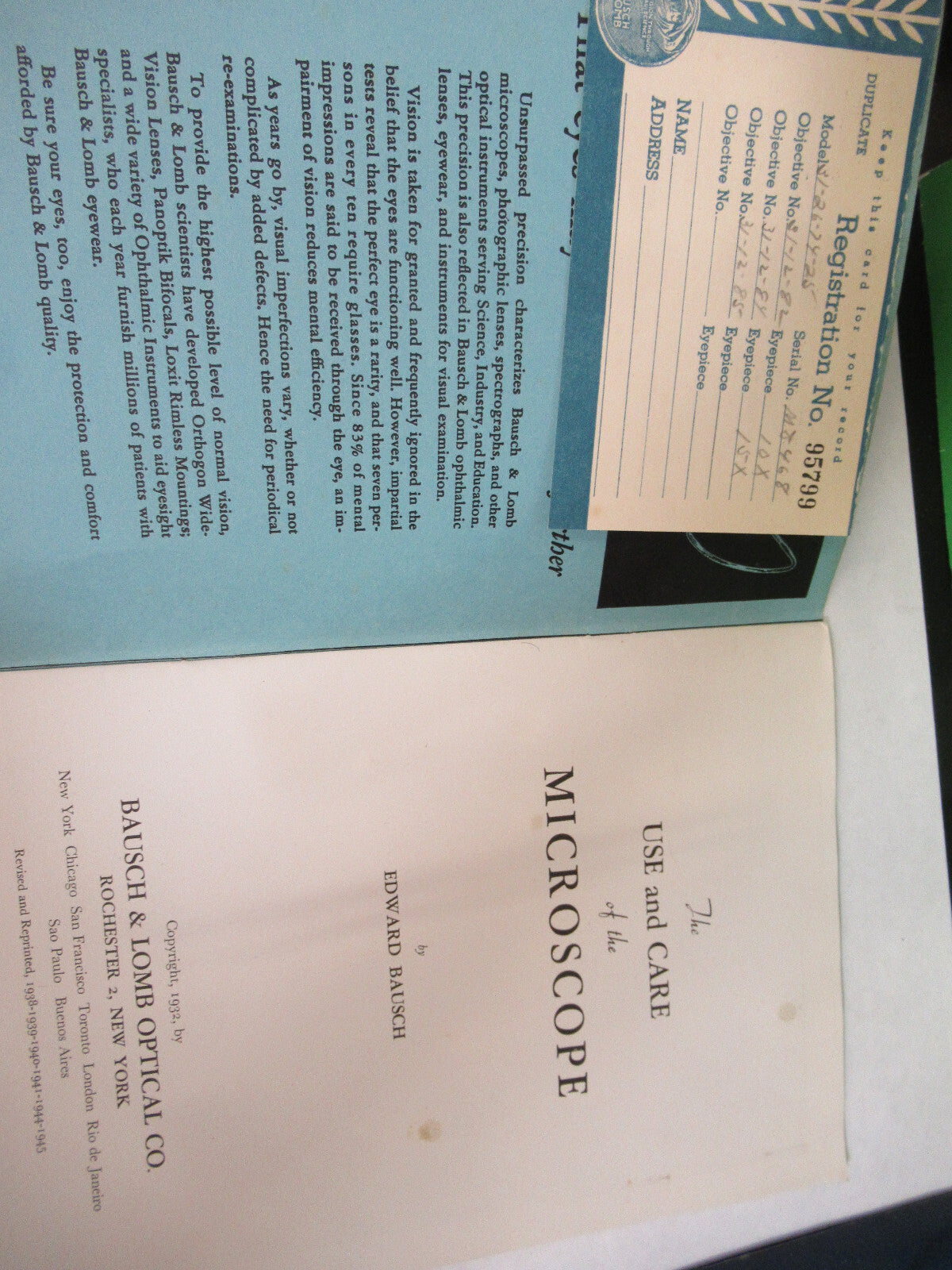 Antique Bausch & Lomb Use of Microscope Booklet 1932 Part