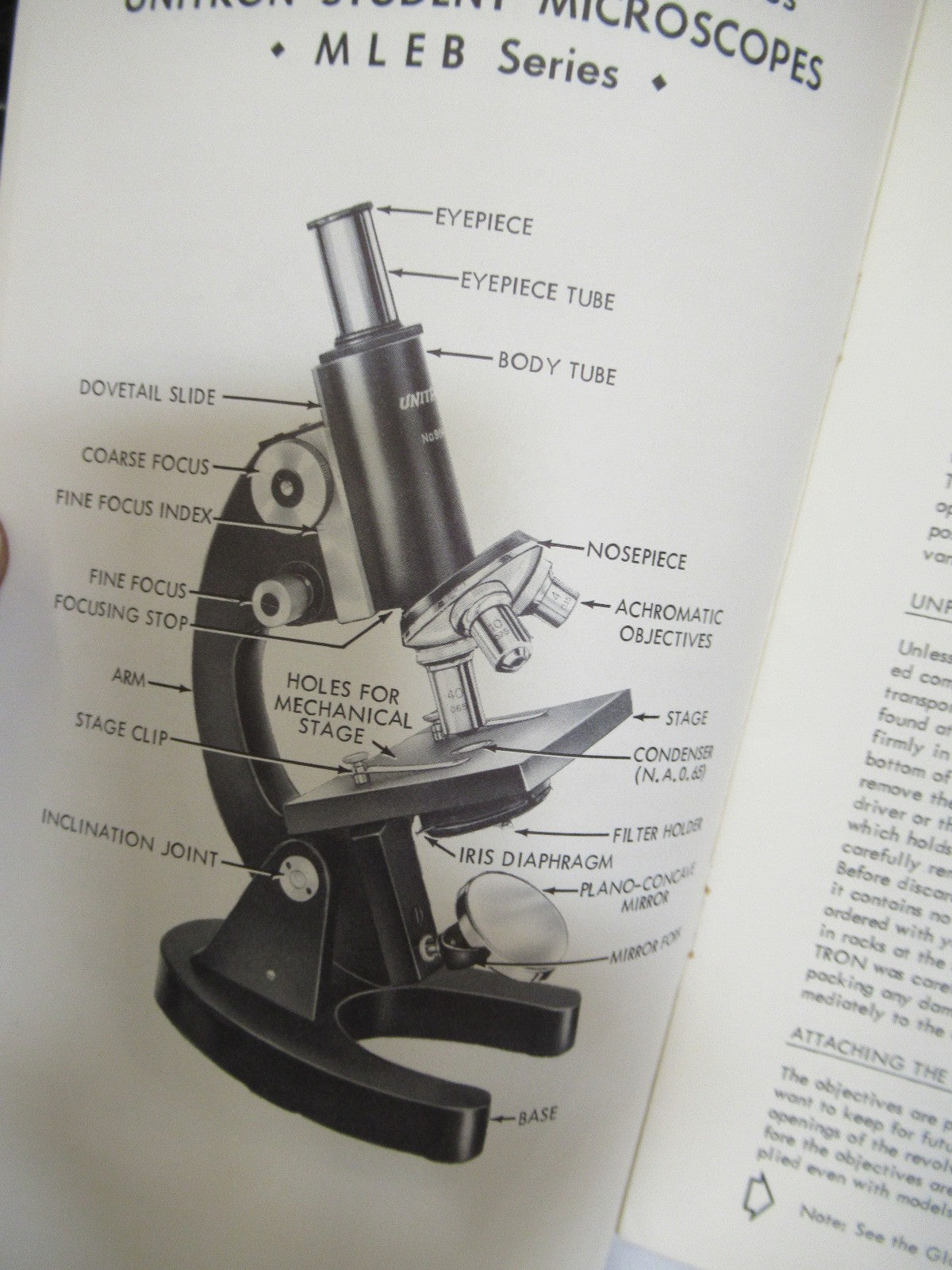ANTIQUE UNITRON BOOKLET INSTRUCTIONS 1962 MICROSCOPE PART AS PICTURED  V7-A-14