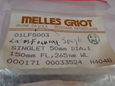 Optical Melles Griot Singlet Lens 50mm Dia Fl 265mm Optics