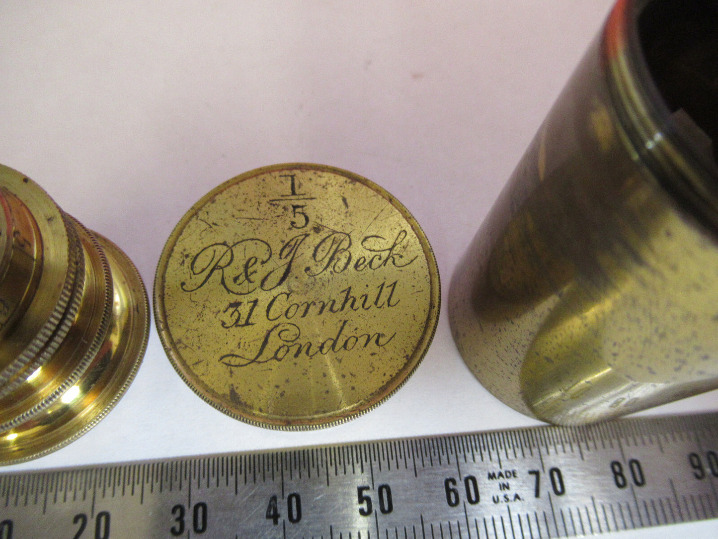 ANTIQUE BRASS RJ BECK LONDON "1/5" OBJECTIVE MICROSCOPE AS PICTURED &F8-A-82