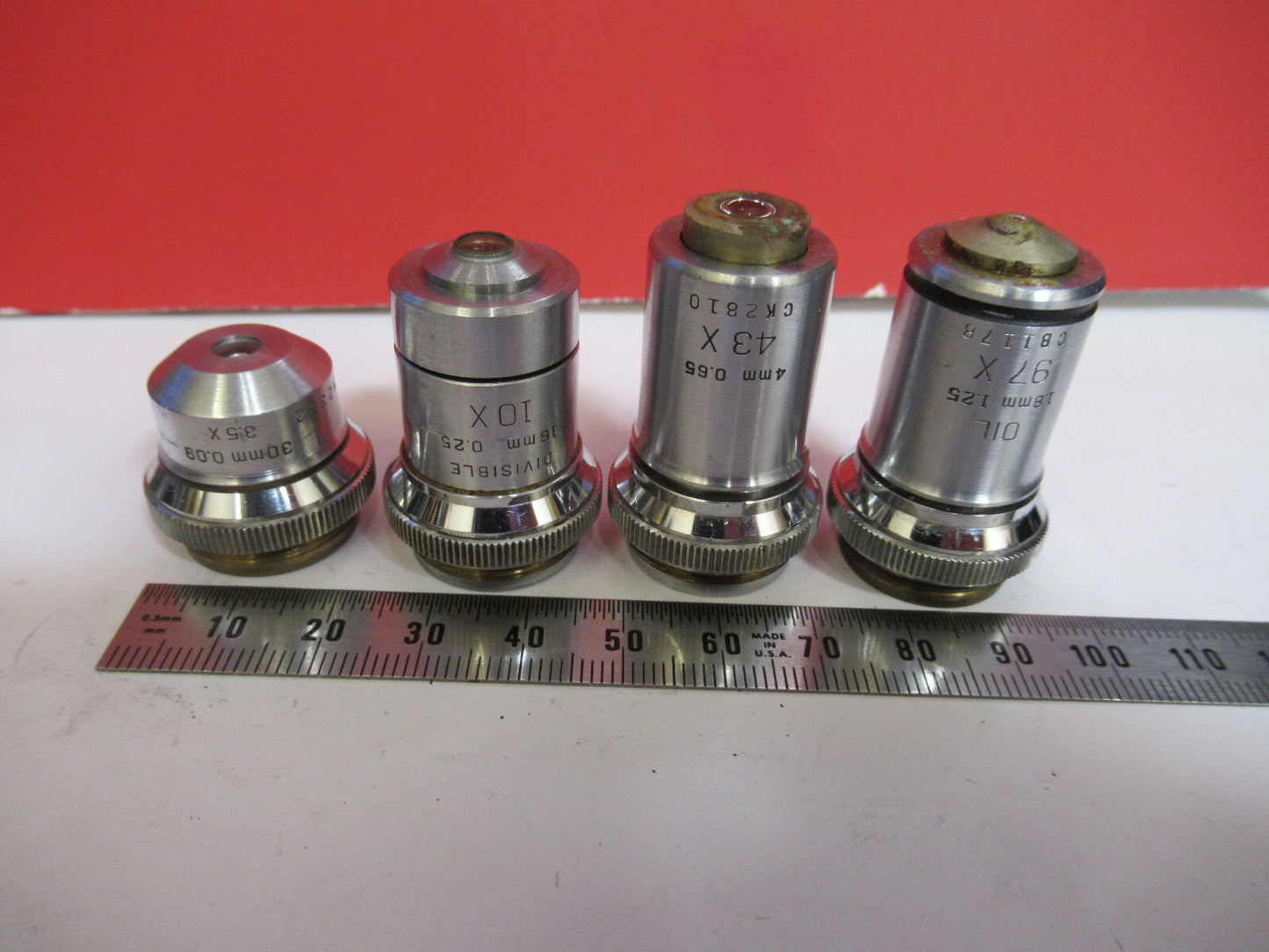 BAUSCH LOMB  LOT OBJECTIVES BRASS  4 PIECES MICROSCOPE PART AS PICTURED  T1-A-49
