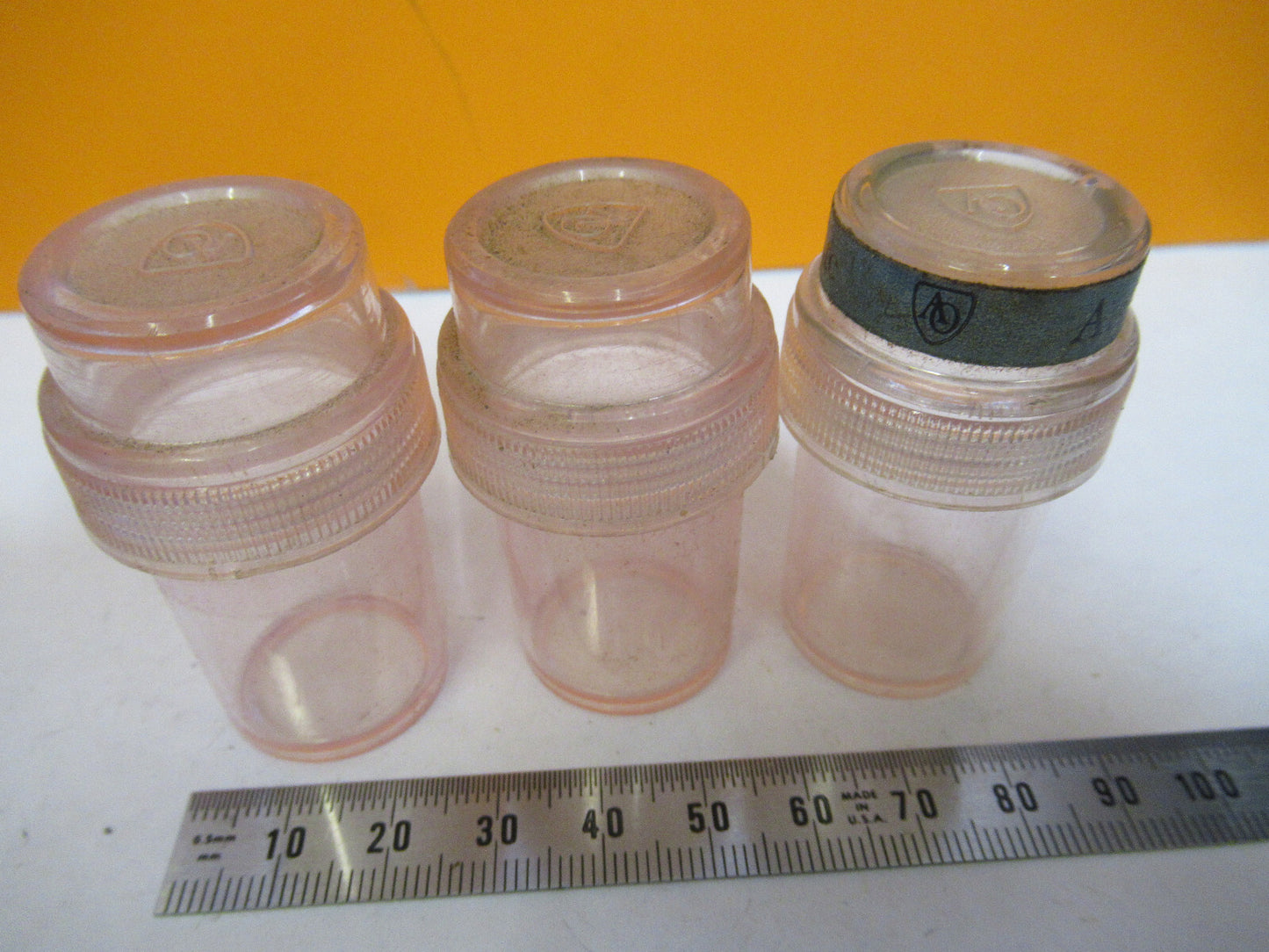 LOT 3 EA PLASTIC AO EMPTY CANS AMERICAN OPTICS MICROSCOPE AS PICTURED X6-A-24