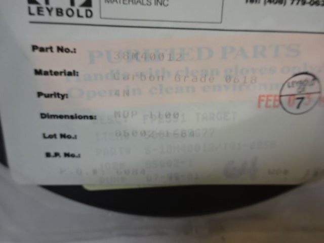 Leybold Vacuum EVApoRATION Target 38M40012 Carbon Grade 0618 MDP1100