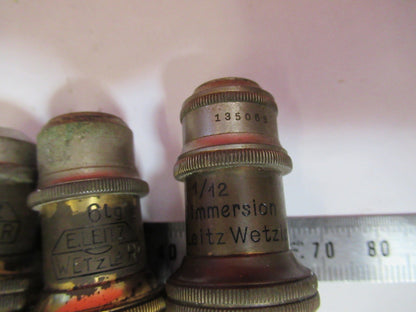 ANTIQUE BRASS LOT OBJECTIVES ERNST LEITZ GERMANY MICROSCOPE PART AS PIC V7-A-34
