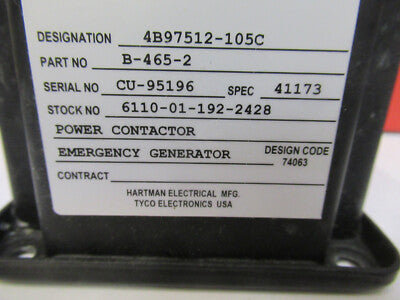Aircraft UH-60 Electrical Power Contactor Hartman B-465-2 Nsn