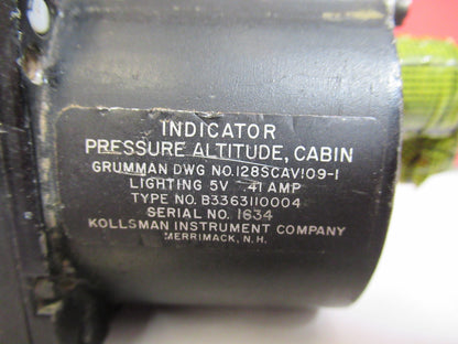 INDICATOR PRESSURE ALTITUDE CABIN KOLLSMAN 128SCA109-1  AS PICTURED  T1-A-41
