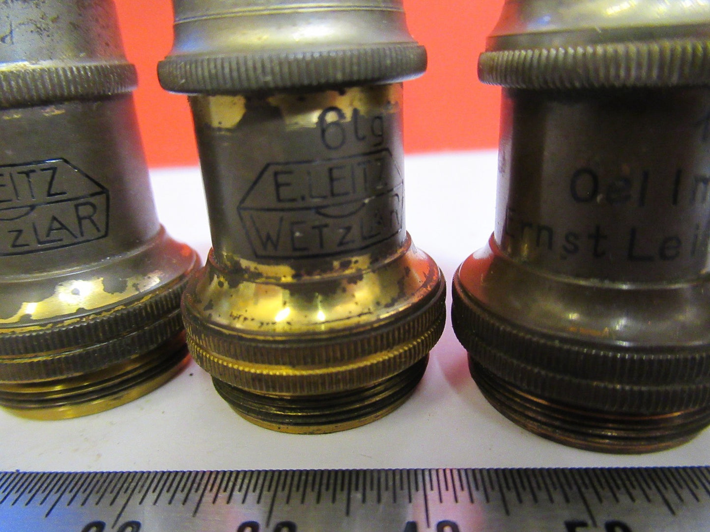ANTIQUE BRASS LOT OBJECTIVES ERNST LEITZ GERMANY MICROSCOPE PART AS PIC V7-A-34